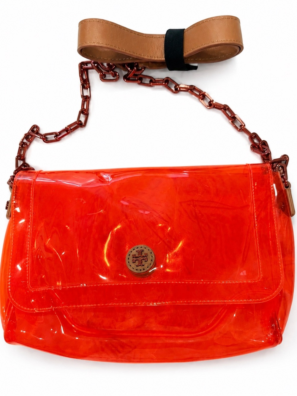 Tory Burch Neon Orange Clear PVC Shoulder Crossbody Bag Chain Strap
